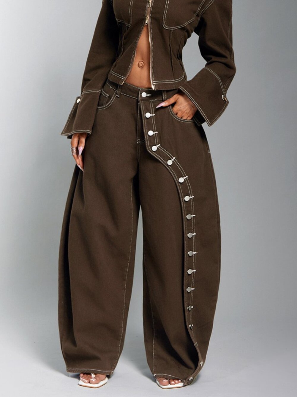 Mocha Brown Casual Women's Loose Low Waisted Plain Double Button Harem Jeans